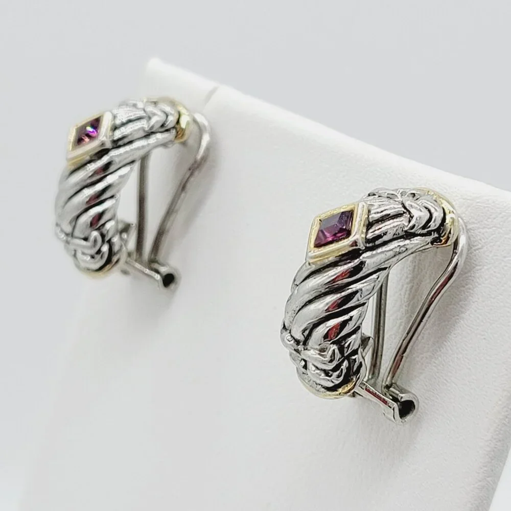 Two Toned Mixed Metal Amethyst Glass Earrings Silver & Gold Tone Well Made 3/4